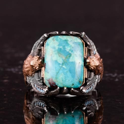 KAMBO Handmade Natural Chrysocolla Gemstone Eagle Ring for Men - Vintage 925 Sterling Silver Animal Motif Signet Ring St