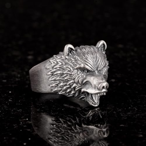 KAMBO Handmade 925 Sterling Silver Bear Head Men’s Ring - Gothic Angry Bear Design, Animal Motif Statement Jewelry, Vint