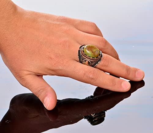KAMBO Handcrafted 925 Sterling Silver Men's Ring with Genuine Arizona Turquoise - Intricate Ottoman Sign Design - Unique