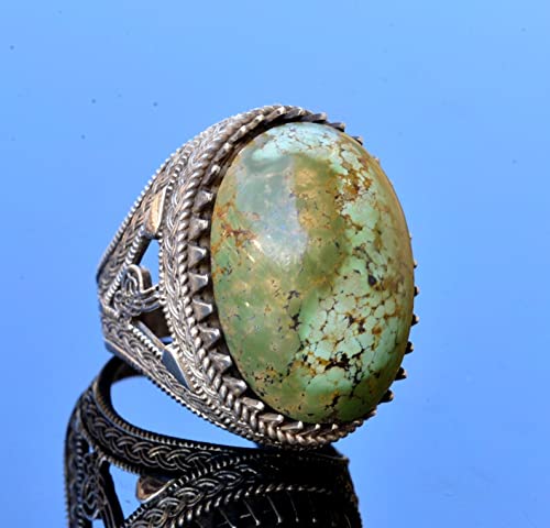 KAMBO Handmade Genuine Natural Arizona Turquoise Gemstone Men's Ring, Ottoman Seal Design, Vintage Statement 925 Solid S
