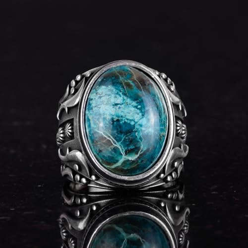 KAMBO Handmade 925 Sterling Silver Men's Chrysocolla Gemstone Ring, Minimalist Vintage Design, Solid Silver Statement Ba