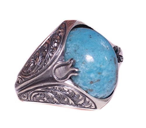 KAMBO Handmade Turquoise Men's Ring 925 Sterling Silver Tulip Design Vintage Statement Gemstone Jewelry Engagement Gift 