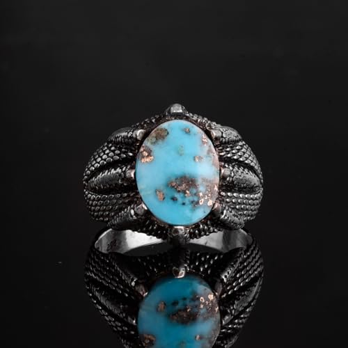 KAMBO Handmade 925 Sterling Silver Men's Ring with Natural Turquoise Gemstone and Claw Detail, Vintage Mythical Warrior 