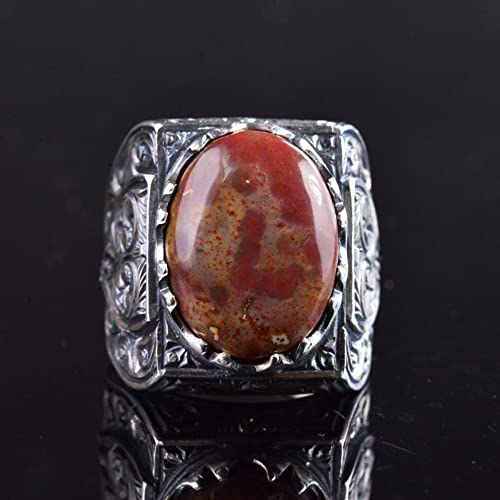 KAMBO Handmade 925 Sterling Silver Men's Bloodstone Ring with Intricate Vintage Engraved Design, Statement Gemstone Jewe