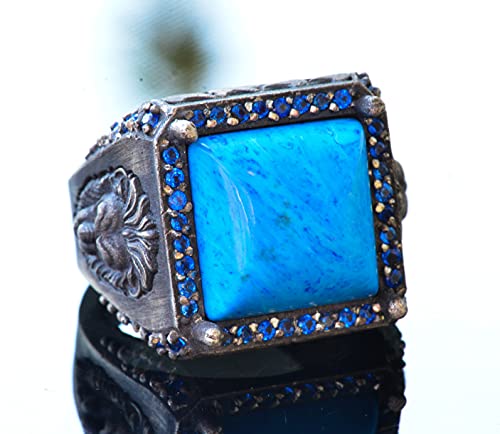 KAMBO Handmade 925 Sterling Silver Lion Ring for Men with Created Turquoise Stone, Vintage Animal Motif Statement Jewelr