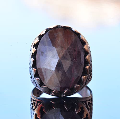 KAMBO Handmade 925 Sterling Silver Men's Ring with Genuine Natural Sapphire Oval Gemstone, Art Deco Vintage Statement De