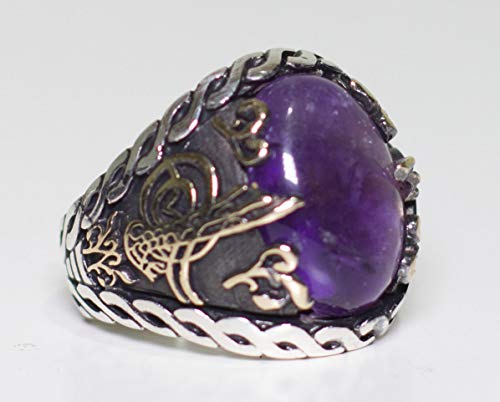 KAMBO 925 Sterling Silver Men's Ring with Natural Amethyst Stone, Handmade Ottoman Tughra Design, Vintage Statement Jewe