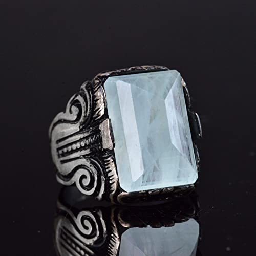 KAMBO Handmade Genuine Natural Aquamarine Gemstone Men's Ring, 925 Sterling Silver, Elegant Vintage Statement Design, Bi