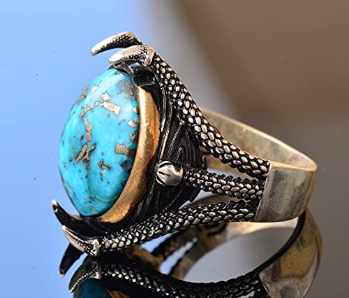 KAMBO Handmade Natural Arizona Turquoise Men's Sterling Silver Eagle Claw Ring 925 Vintage Statement Jewelry Gift for Hi