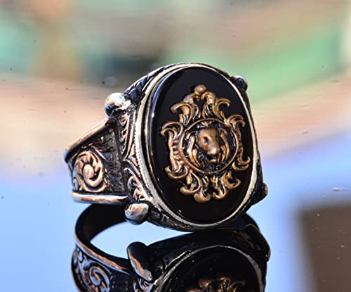 Handcrafted 925 Sterling Silver Men's Ring with Lion Head Symbol and Created Onyx Stone, Unique Bold Design