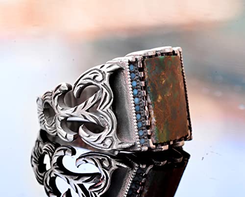 KAMBO Genuine Arizona Turquoise Men's Ring - Handcrafted 925 Sterling Silver - Unique Vintage Design - Authentic Gemston