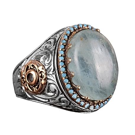 925 Sterling Silver Natural Aquamarine Stone Men's Ring - Handmade King Jewelry