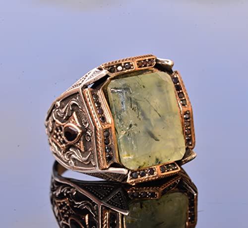 KAMBO Handmade Sterling Silver Men's Ring with Genuine Prehnite Gemstone, King Style Band, Vintage Statement Jewelry, 92