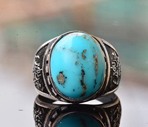 Genuine Arizona Turquoise Gemstone Ring, 11.15 Carat, Arabic Ring, Islamic Ring, Sterling Silver Ring, Blue