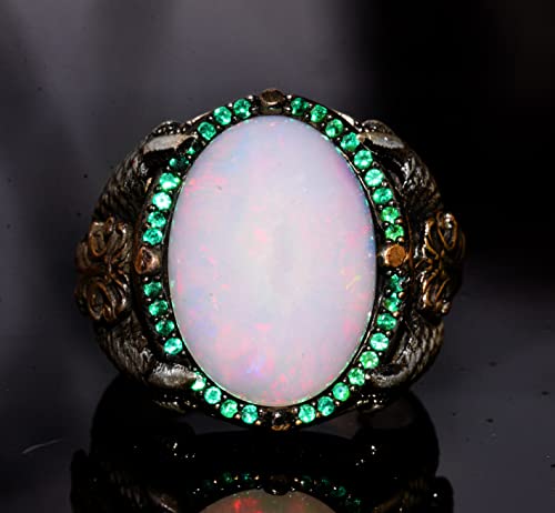KAMBO Handmade Men's Sterling Silver Ring with Genuine 10 Carat Natural Australian Opal Gemstone, Elite Vintage Statemen