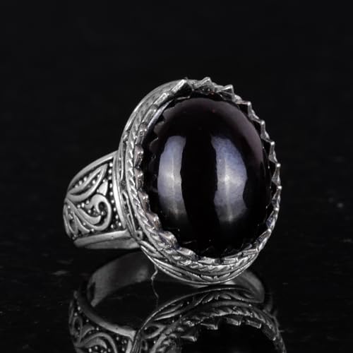 KAMBO Handmade Men's Garnet Ring in 925 Sterling Silver - Minimalist Deep Solid Silver Design with Natural Garnet Stone 