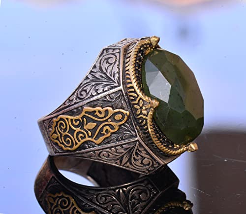 KAMBO Handmade Vintage Emerald Jade Ring for Men, 925 Sterling Silver with Gold Accents, Statement Gemstone Jewelry, Cla