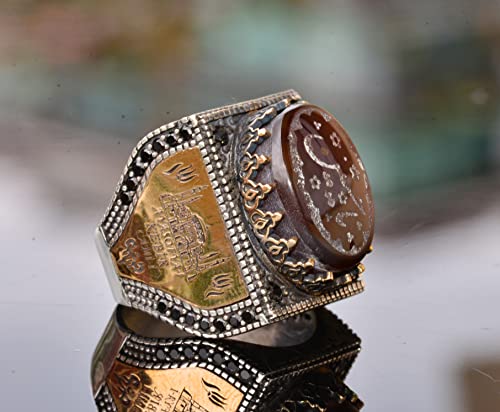 KAMBO Natural Agate Gemstone Ring for Men, Handmade 925 Sterling Silver, Art Deco Islamic Arabic Design, Vintage Stateme