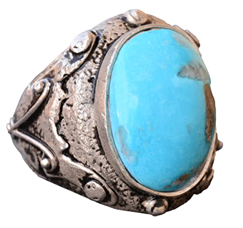 925 Sterling Silver Real Arizona Turquoise Gemstone Byzantium Men's Ring - Genuine Handmade Jewelry (Style-3)