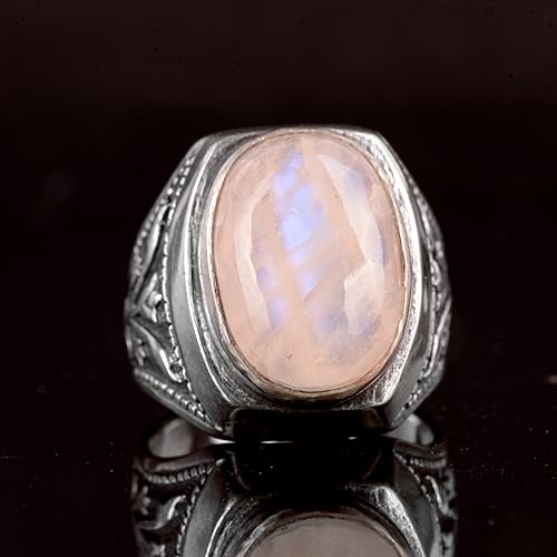 Falcon Jewelry Men's sterling silver ring, natural rainbow moonstone gemstone (Adjustable), White
