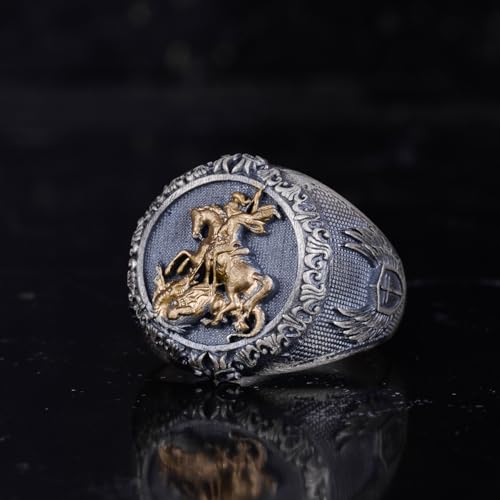 KAMBO 925 Sterling Silver St George and Dragon Men's Ring – Handcrafted Medieval Knight Signet Ring – Solid Silver Artis