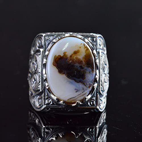 KAMBO Natural Agate 925 Sterling Silver Men's Ring with Yemeni Stone, Intricate Engraved Design, Large Bold Unique Patte
