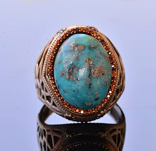 KAMBO Handmade Genuine Natural Arizona Turquoise 26.05 Carat Men's Minimalist Sultan Ring in 925 Sterling Silver, Vintag
