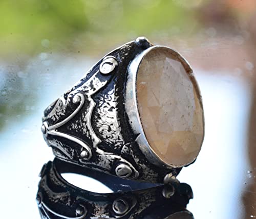 KAMBO Handmade 925 Sterling Silver Men's Yellow Sapphire Gemstone Ring, Vintage Statement Design, Solid Sterling Silver 