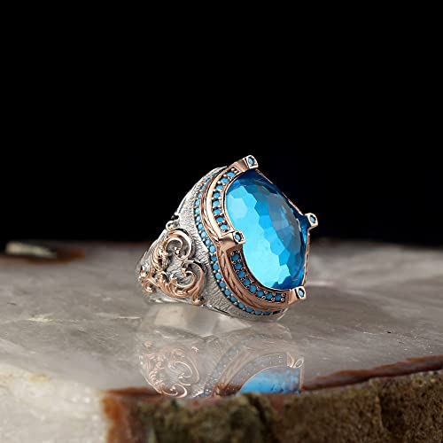 KAMBO Handcrafted 925 Sterling Silver Men's Ring with Blue Topaz Stone, Vintage Rodaj Plated Minimalist Design, Unique H