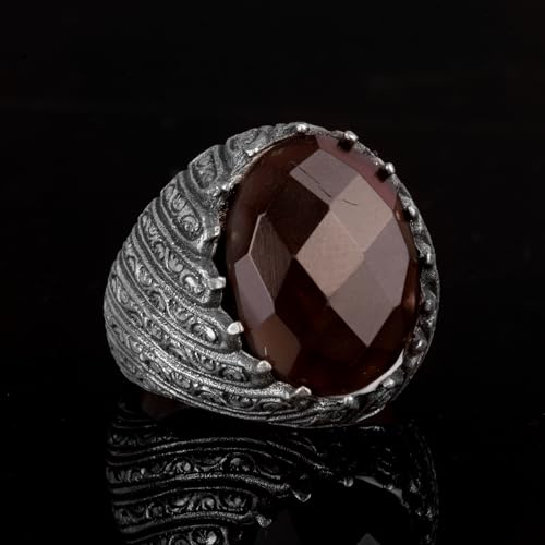 KAMBO Handmade 925 Sterling Silver Smoky Quartz Ring for Men, Genuine Natural Gemstone Statement Ring, Vintage Style Bir