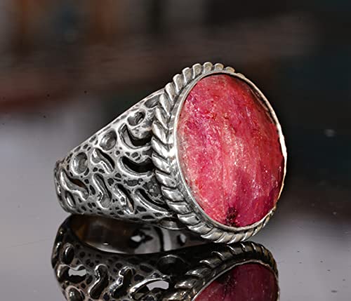 KAMBO Handmade 925 Sterling Silver Ruby Ring for Men, Genuine 19.20 Carat Red Gemstone Statement Birthstone Ring, Vintag