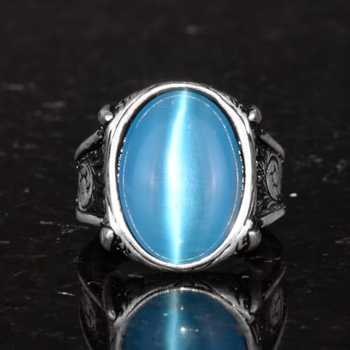 KAMBO 925 Sterling Silver Men's Ring with Created Blue Cats Eye Stone, Handmade Art Deco Vintage Statement Ring, Unique