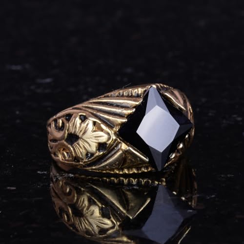 KAMBO Handmade 925 Sterling Silver Created Obsidian Ring for Men, Modern Gold Plated Statement Jewelry, Elegant Vintage 