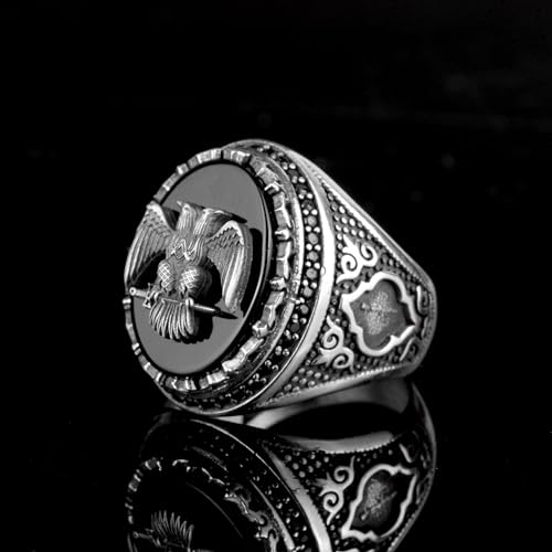 KAMBO Handmade 925 Sterling Silver Men's Ring with Obsidian Stone and Double Headed Eagle Emblem - Vintage Byzantium Sty