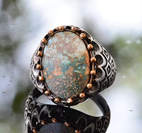 KAMBO Handmade Natural Turquoise Men's Ring in 925 Sterling Silver | Bold Earthy Gemstone Design | Vintage Statement Jew