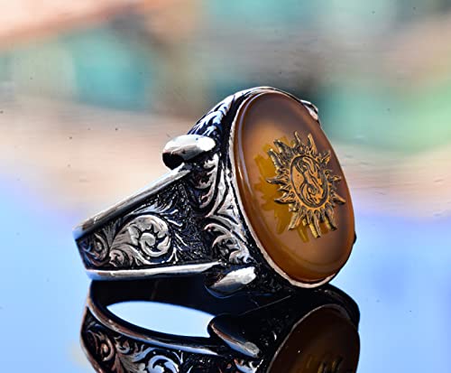925 Sterling Silver Men's Ring with Created Yellow Agate Stone, Sun Design