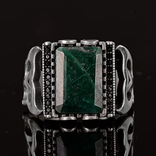 KAMBO Handmade 8.25 Carat Real Genuine Emerald Sterling Silver Ring for Men, Modern Cocktail Statement Birthstone Jewelr