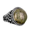 925 Sterling Silver Men's Ring, Natural Prehnite Stone, Texture Detailed Band, Green Prehnite Stone