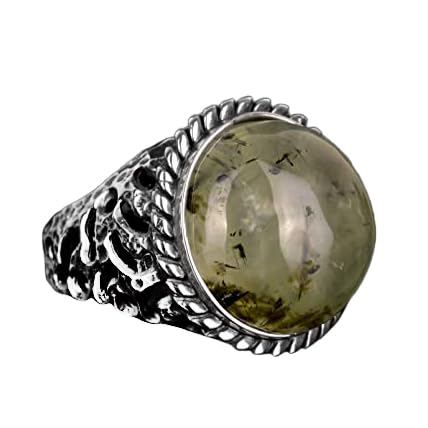 925 Sterling Silver Men's Ring, Natural Prehnite Stone, Texture Detailed Band, Green Prehnite Stone