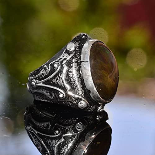 KAMBO Handmade 925 Sterling Silver Men's Ring with Natural Ethiopian Opal Gemstone, Vintage Statement Jewelry, Unique St