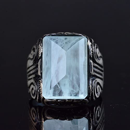 KAMBO Handmade Genuine Natural Aquamarine Gemstone Men's Ring, 925 Sterling Silver, Elegant Vintage Statement Design, Bi