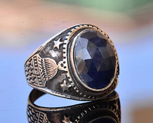 KAMBO Handmade 925 Sterling Silver Men's Ring with Genuine Natural Sapphire Gemstone, Minimalist Islamic Mosque Design, 