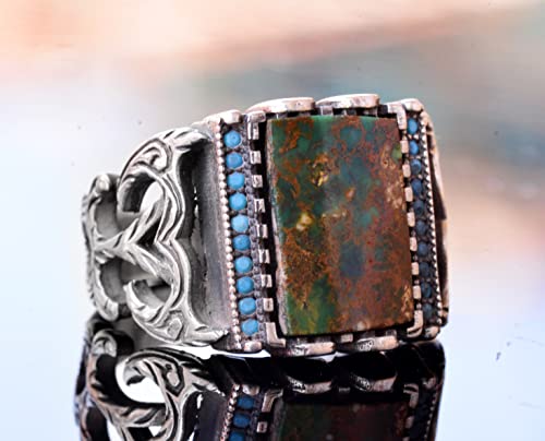 KAMBO Genuine Arizona Turquoise Men's Ring - Handcrafted 925 Sterling Silver - Unique Vintage Design - Authentic Gemston