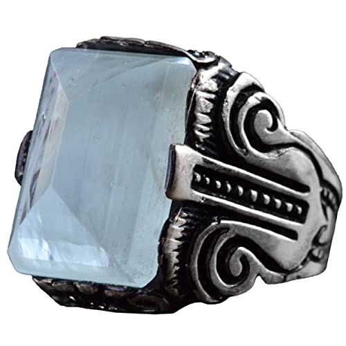 KAMBO Handmade Genuine Natural Aquamarine Gemstone Men's Ring, 925 Sterling Silver, Elegant Vintage Statement Design, Bi
