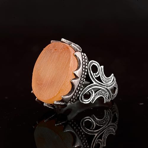 Natural Amber Stone, 925 Sterling Silver Men's Ring — 4