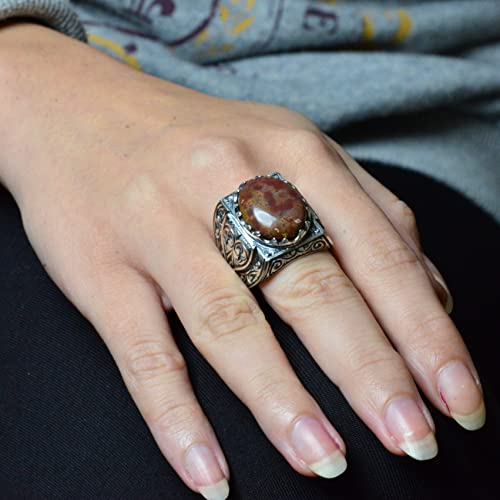 KAMBO Handmade 925 Sterling Silver Men's Bloodstone Ring with Intricate Vintage Engraved Design, Statement Gemstone Jewe