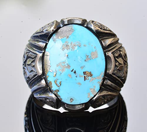 KAMBO Handmade Vintage Men's Ring with Real Natural Arizona Turquoise Stone in 925 Sterling Silver - Statement Style-3 D