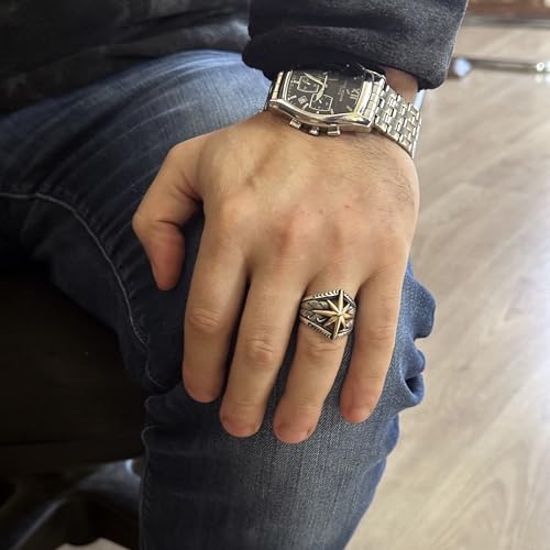 KAMBO Handmade 925 Sterling Silver Compass Signet Ring for Men, Modern Vintage Style Statement Jewelry, Customizable Com