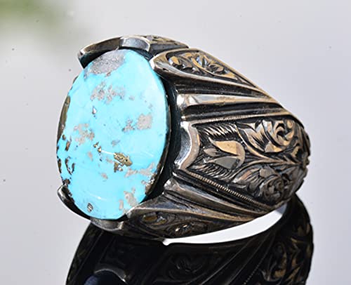 KAMBO Handmade Vintage Men's Ring with Real Natural Arizona Turquoise Stone in 925 Sterling Silver - Statement Style-3 D