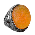 KAMBO Natural Yellow Agate Stone 925 Sterling Silver Ring, Above All and Determination Islamic Design, Large Muslim Ring